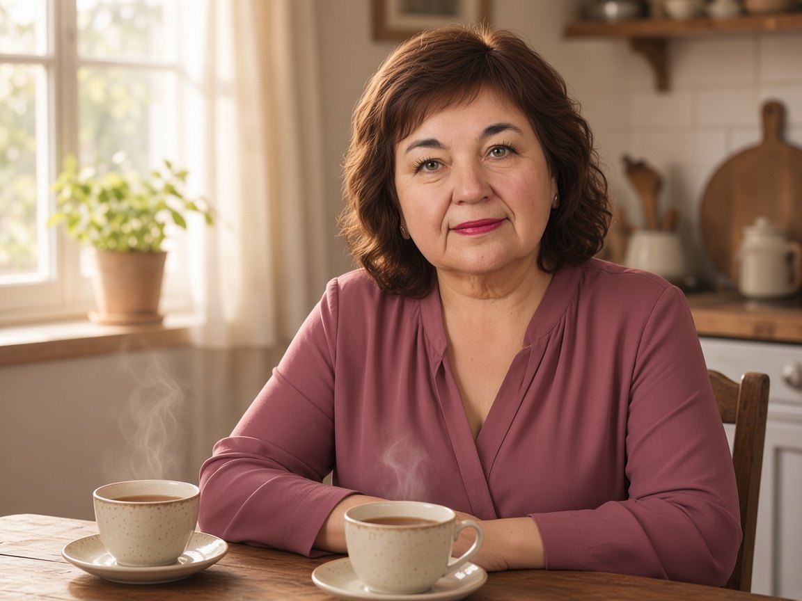 Linda at a kitchen table with tea