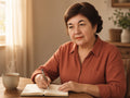 Linda writing in a notebook