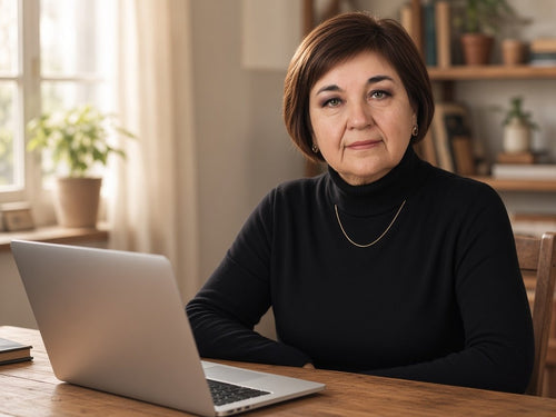 Linda at a laptop for an online conversation